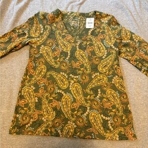 J. Jill Olive Green Paisley V-Neck Tunic with Yellow Accents